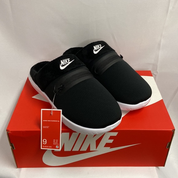 Nike Burrow NA Soft Foam Faux Fur Lined Slippers Black/White Women's 9 NIB - Picture 4 of 7